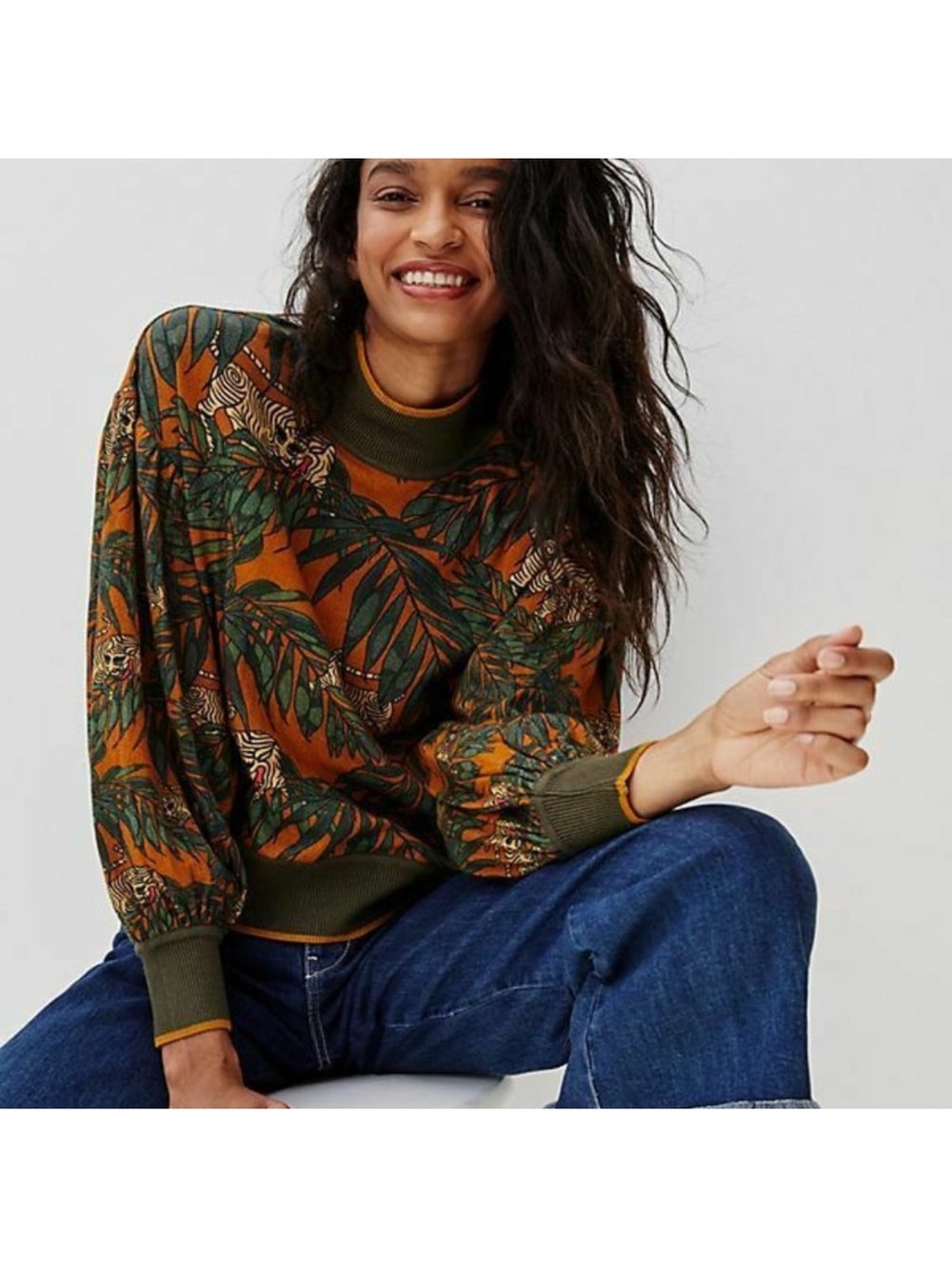 Anthropologie Olive & Rust Tropical Mock Neck  Cassandra Sweatshirt